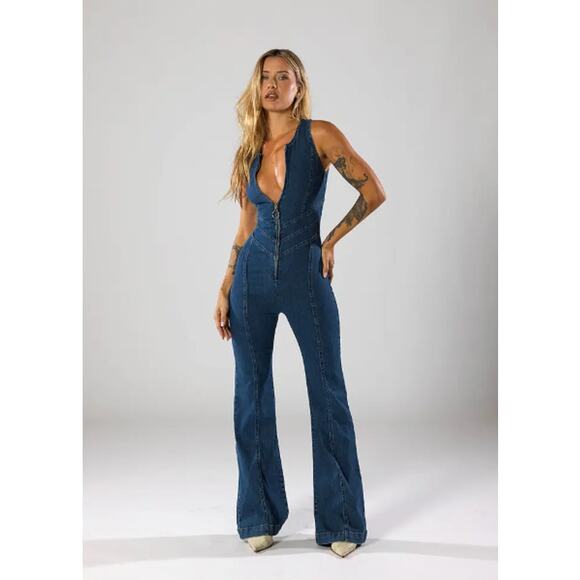 Revice Jumpsuit Womens Extra Small Hollywood Heartthrob Flare Denim Blue Retro - Picture 3 of 16